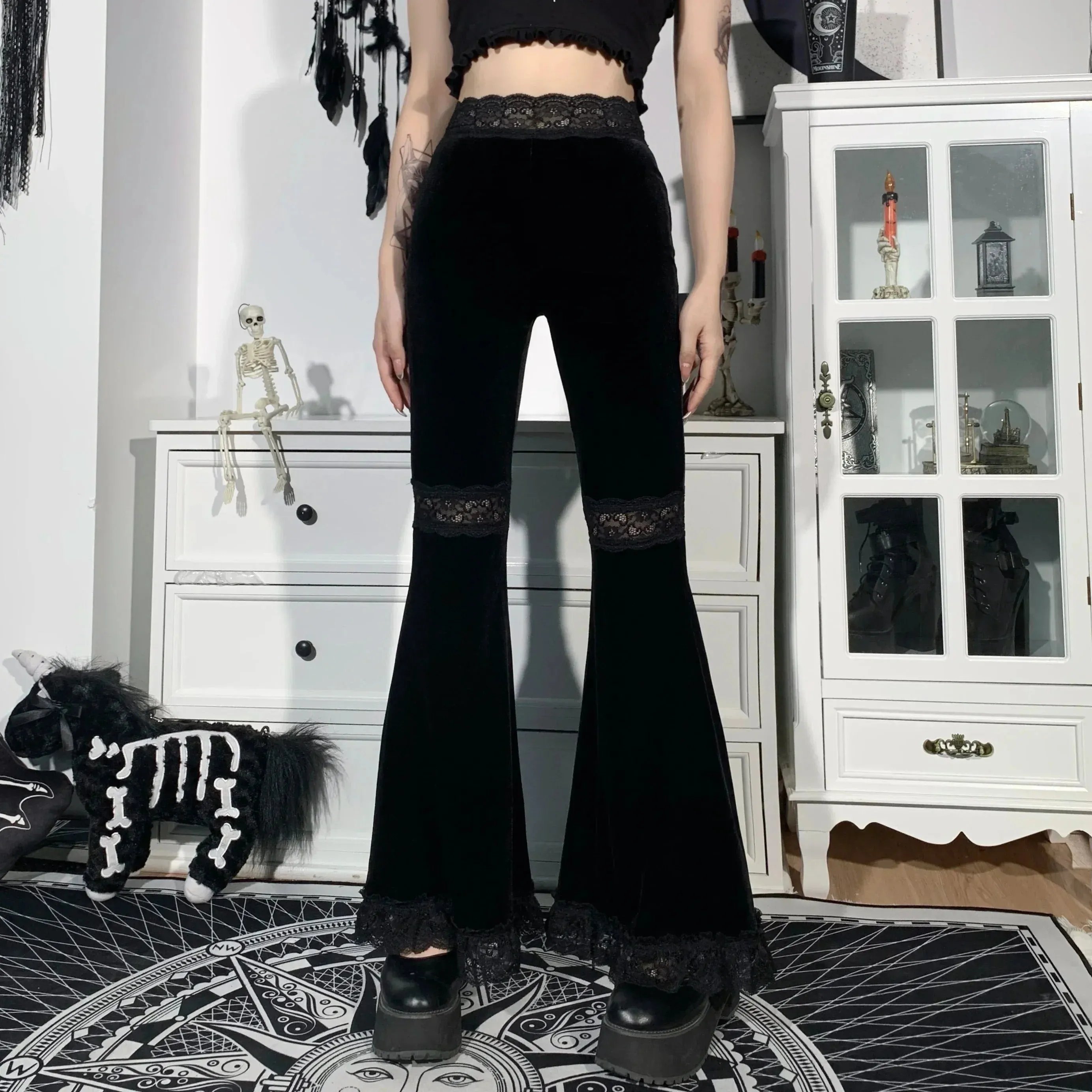 Elegant Black Velvet Flare Halloween Pants