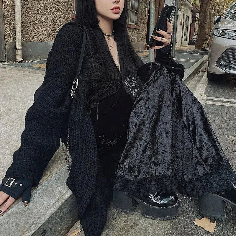 Elegant Black Velvet Flare Halloween Pants
