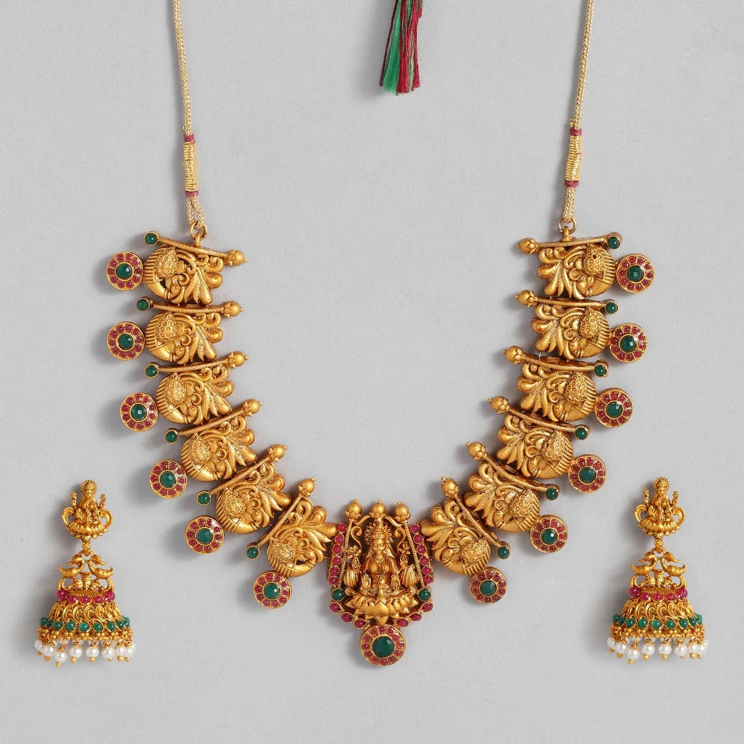 Estele Gold Plated Divinely Crafted Lakshmi Ji Matt Finish Temple Necklace Set with Colored Stones and Pearls for Women