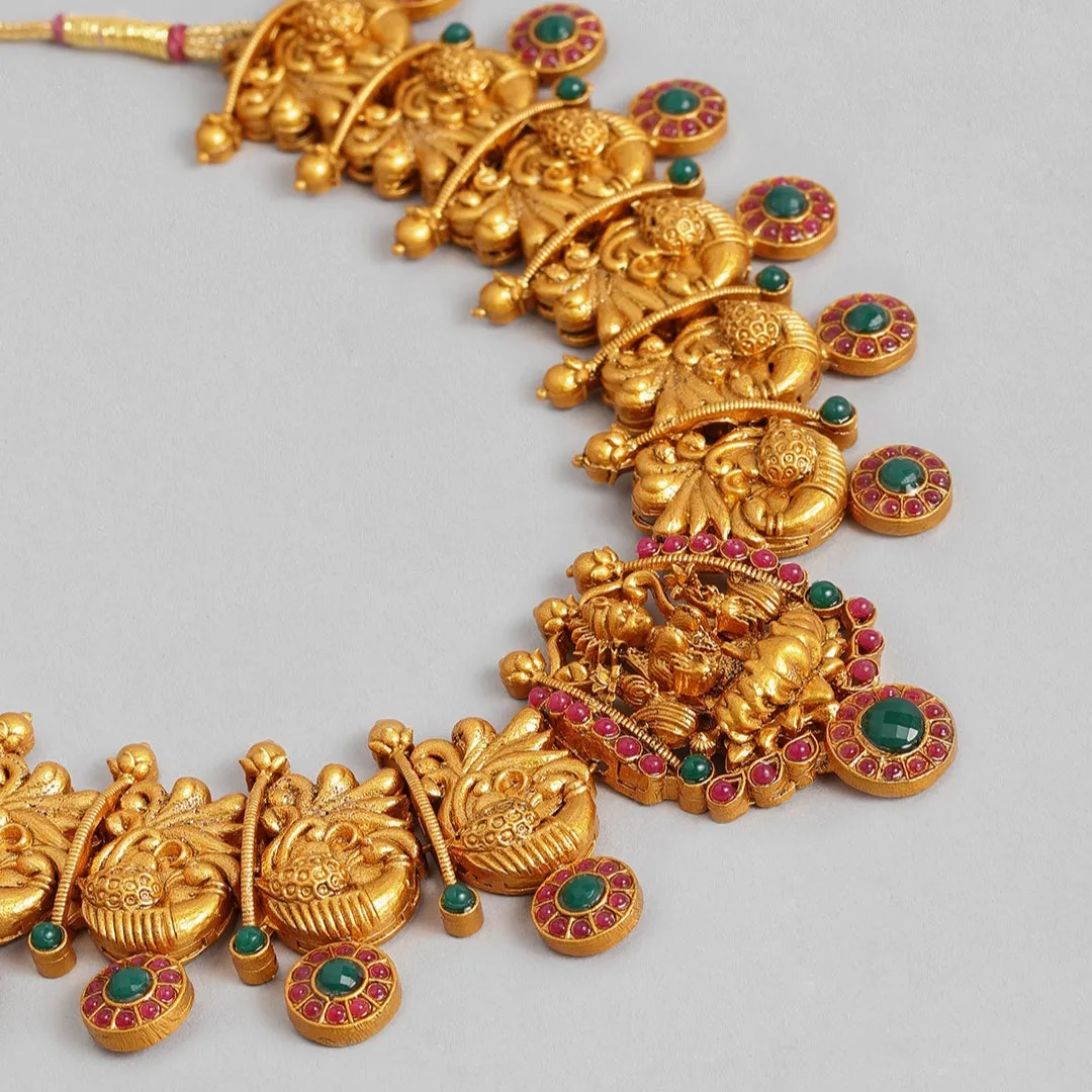 Estele Gold Plated Divinely Crafted Lakshmi Ji Matt Finish Temple Necklace Set with Colored Stones and Pearls for Women