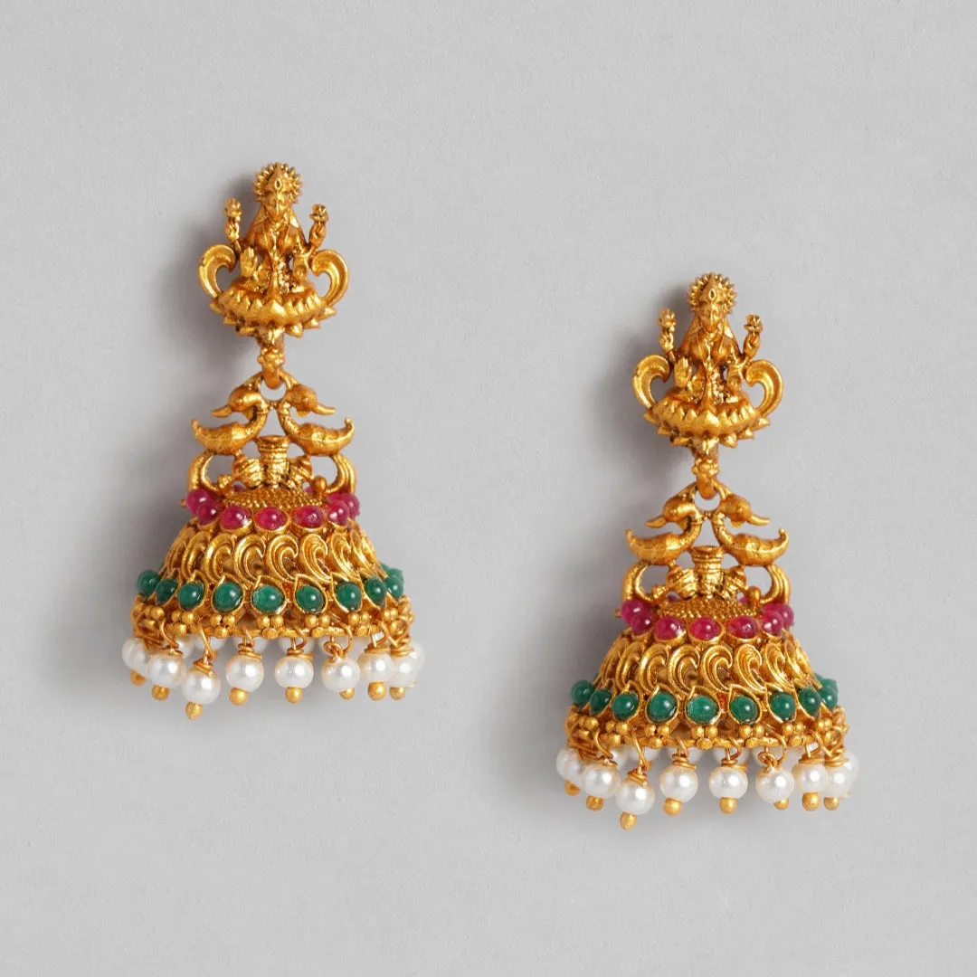 Estele Gold Plated Divinely Crafted Lakshmi Ji Matt Finish Temple Necklace Set with Colored Stones and Pearls for Women
