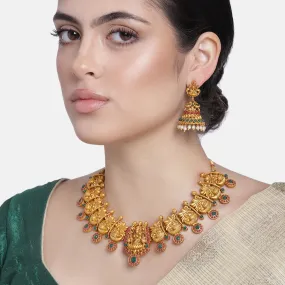 Estele Gold Plated Divinely Crafted Lakshmi Ji Matt Finish Temple Necklace Set with Colored Stones and Pearls for Women