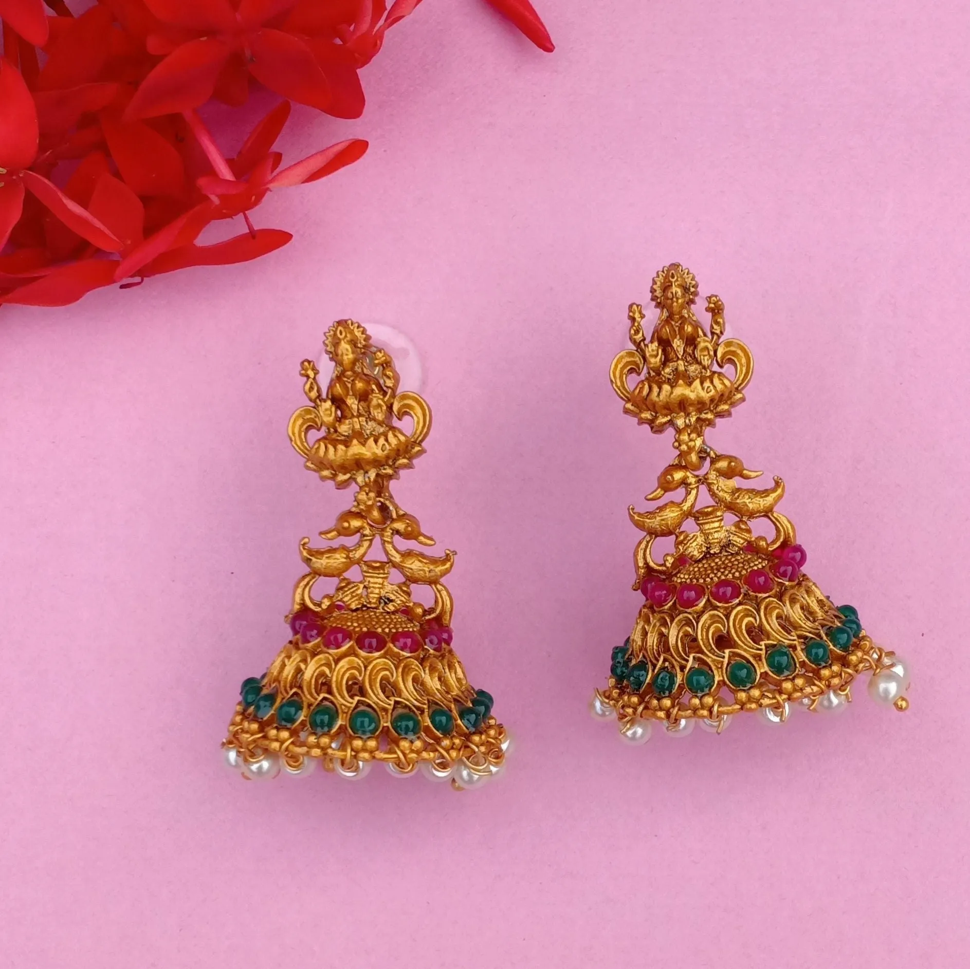 Estele Gold Plated Divinely Crafted Lakshmi Ji Matt Finish Temple Necklace Set with Colored Stones and Pearls for Women