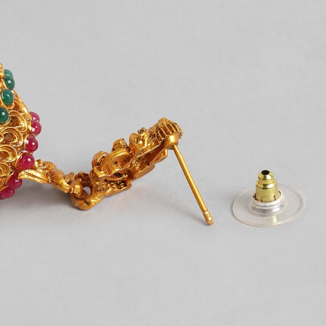 Estele Gold Plated Divinely Crafted Lakshmi Ji Matt Finish Temple Necklace Set with Colored Stones and Pearls for Women