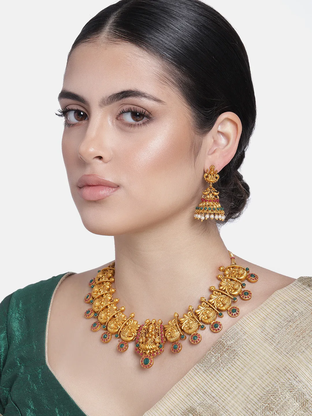 Estele Gold Plated Divinely Crafted Lakshmi Ji Matt Finish Temple Necklace Set with Colored Stones and Pearls for Women