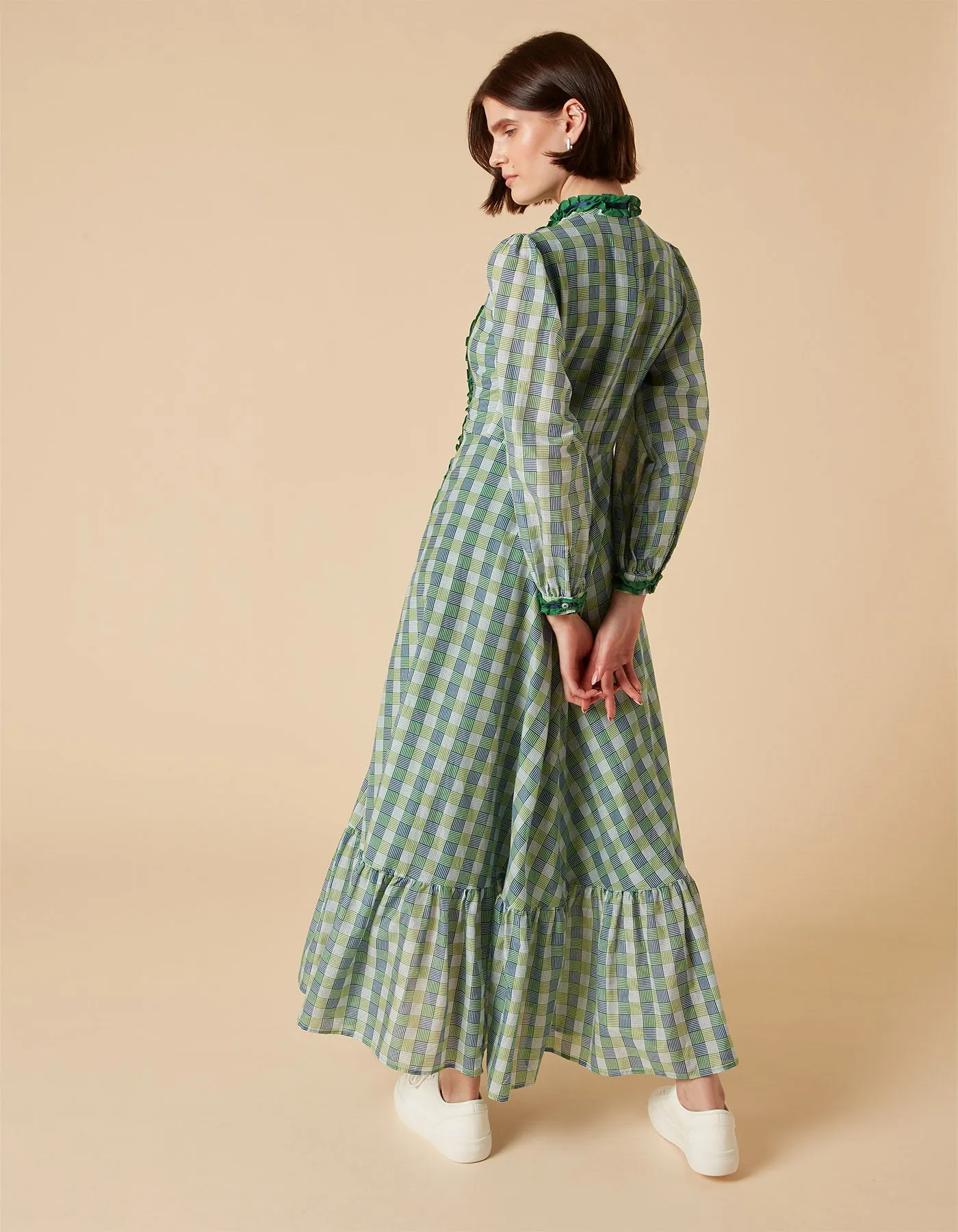 Blue Green Silk Voile Maxi Dress with Hopscotch Print by Gigi
