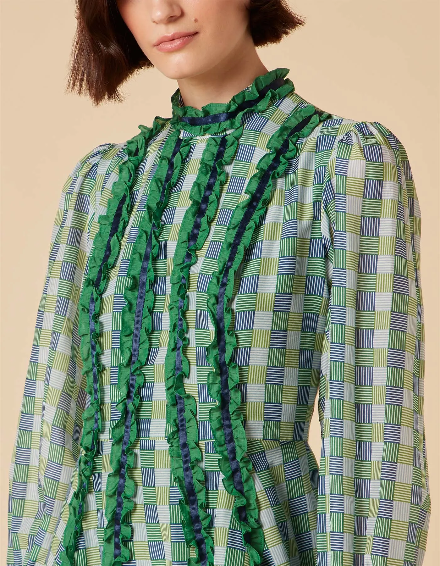Blue Green Silk Voile Maxi Dress with Hopscotch Print by Gigi