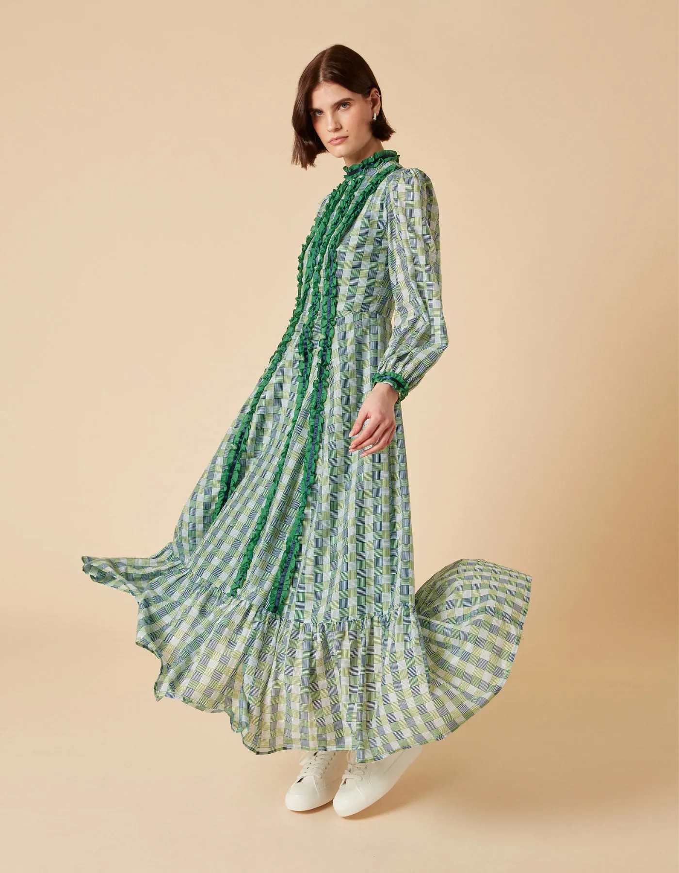 Blue Green Silk Voile Maxi Dress with Hopscotch Print by Gigi