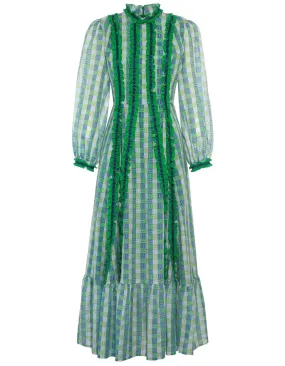 Blue Green Silk Voile Maxi Dress with Hopscotch Print by Gigi