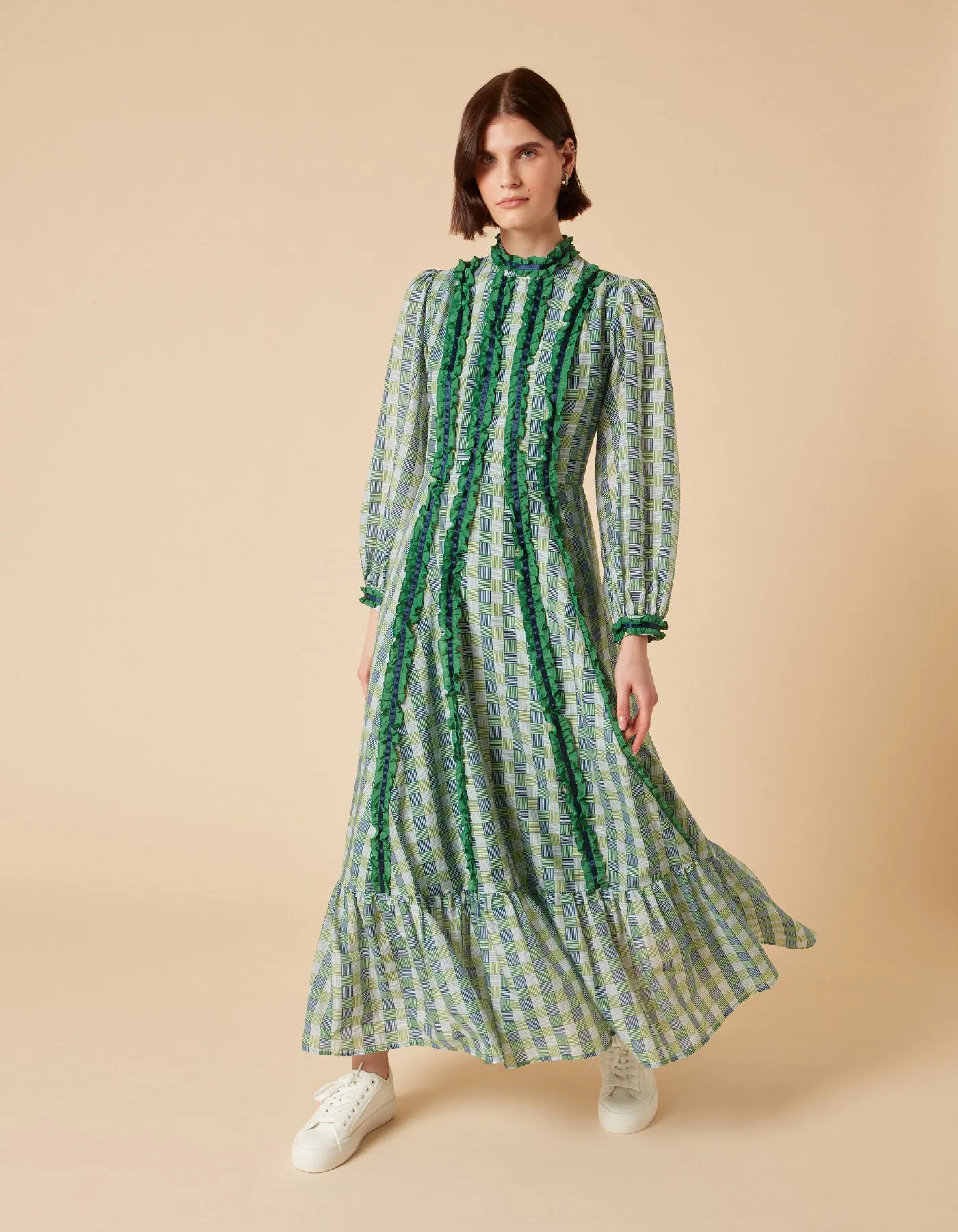 Blue Green Silk Voile Maxi Dress with Hopscotch Print by Gigi