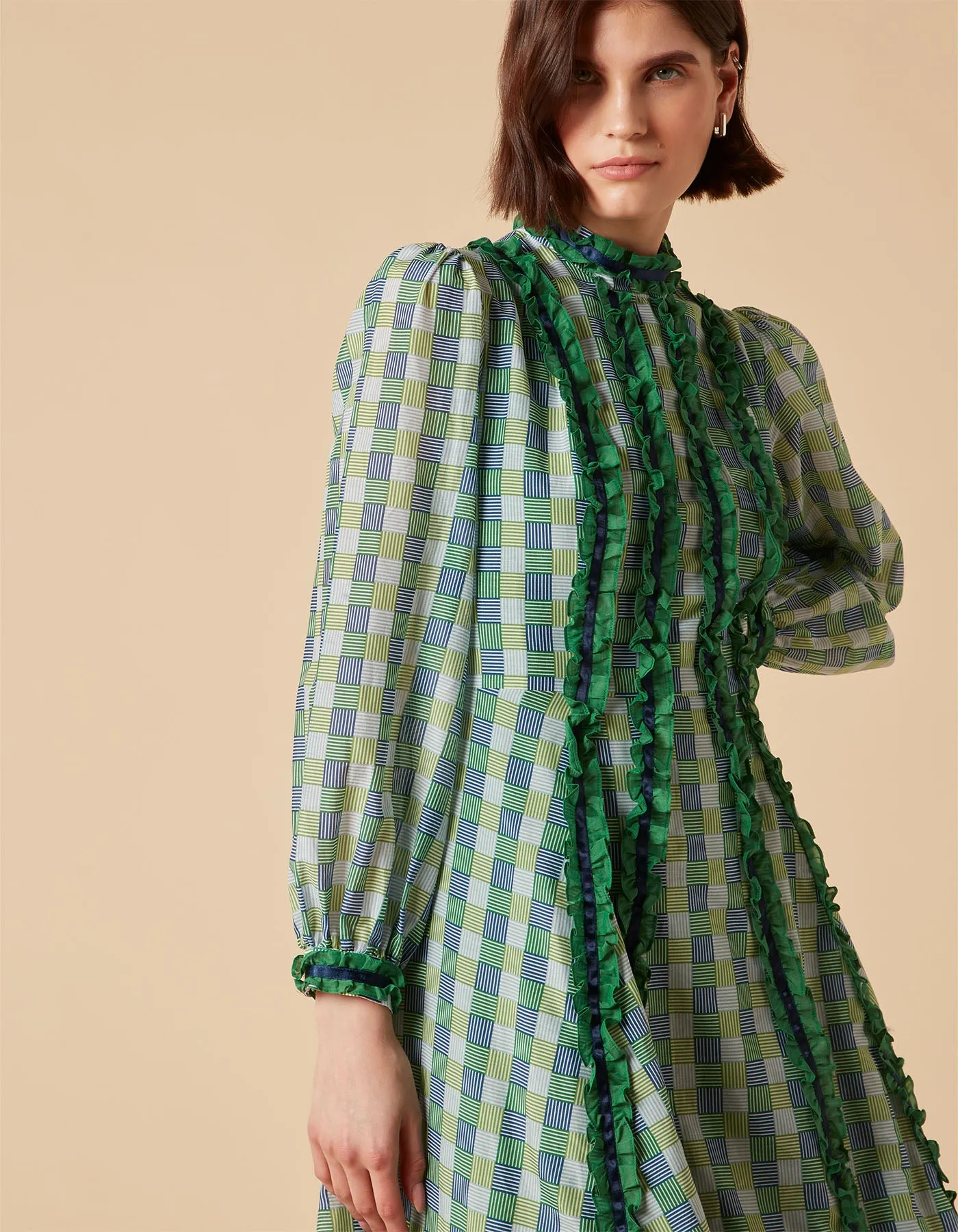 Blue Green Silk Voile Maxi Dress with Hopscotch Print by Gigi