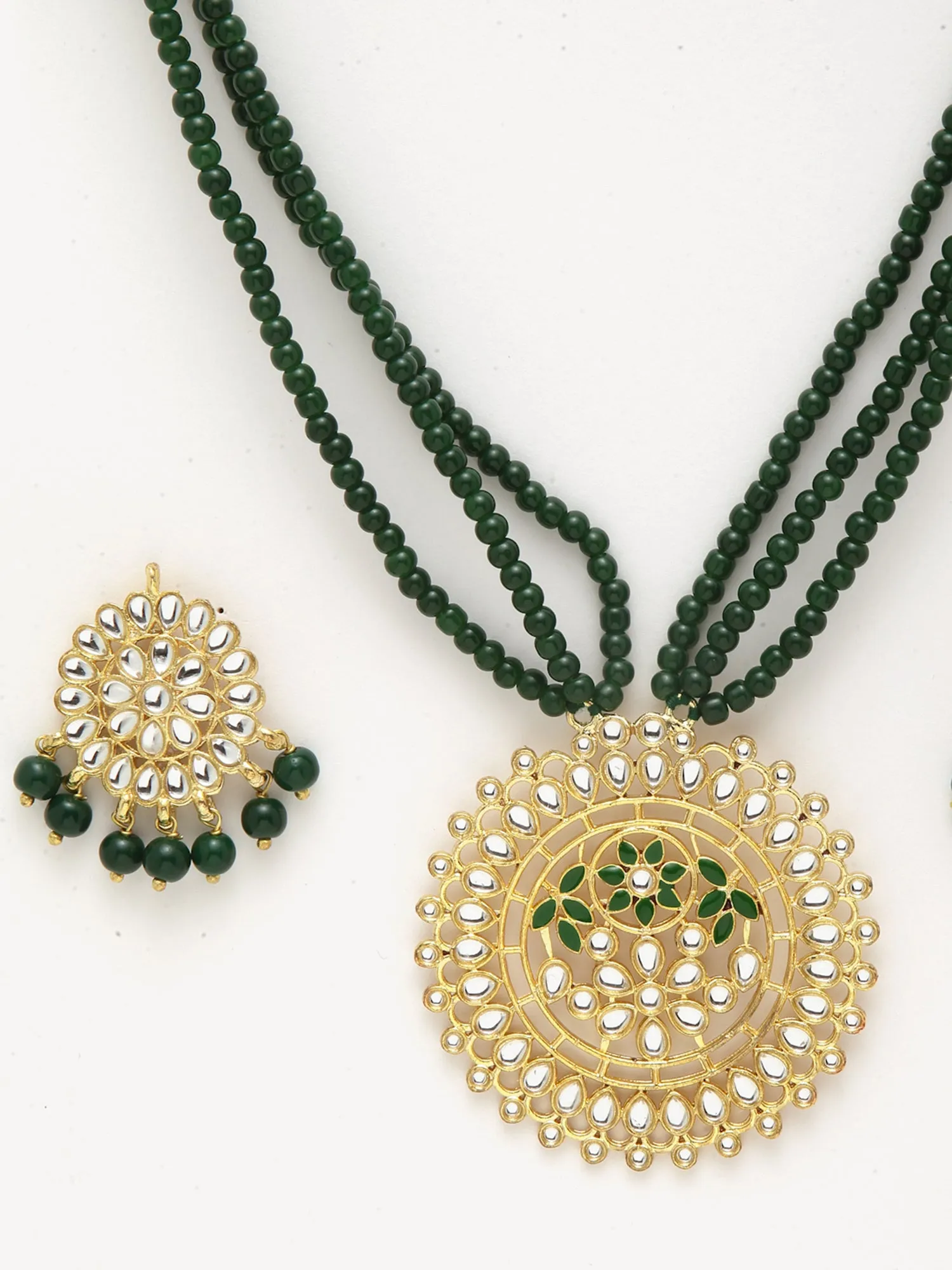 Gold Plated Antique Green Kundan Rani Haar Beaded Pendant Set