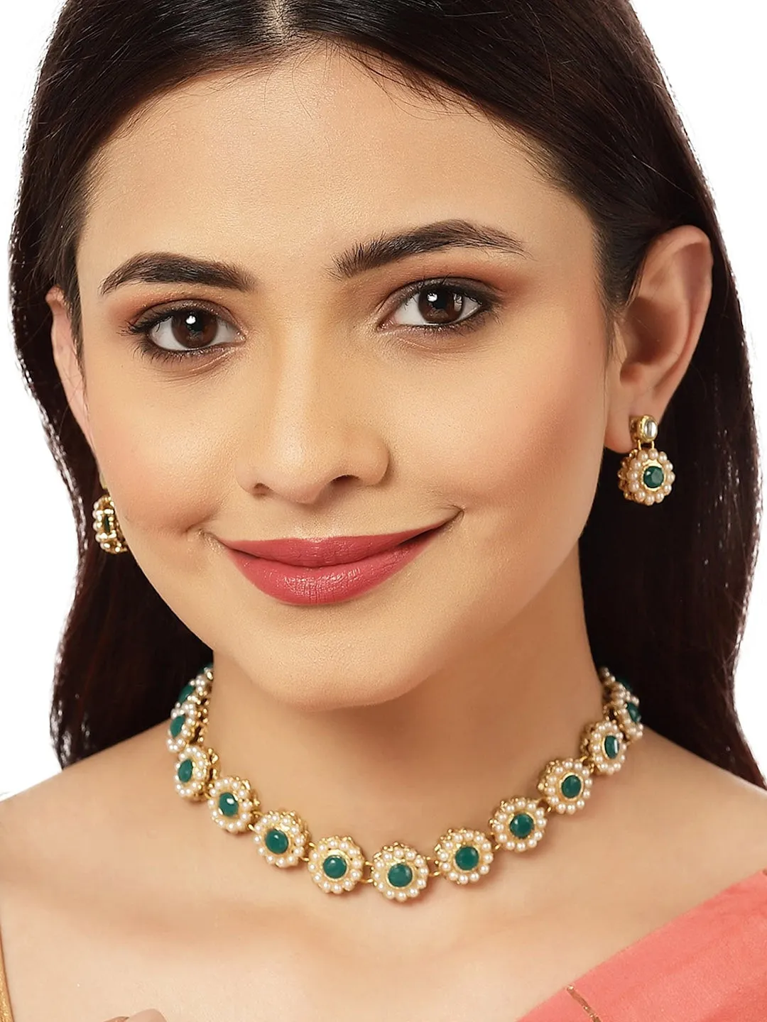 Gold-Plated Green & White Kundan-Studded & Pearl Beaded Handcrafted Jewellery Set