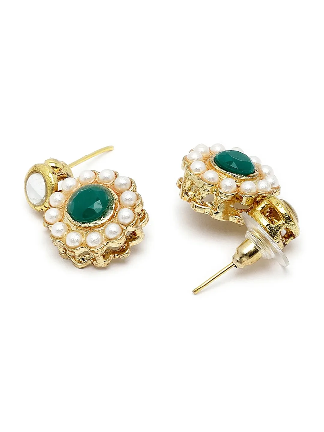 Gold-Plated Green & White Kundan-Studded & Pearl Beaded Handcrafted Jewellery Set