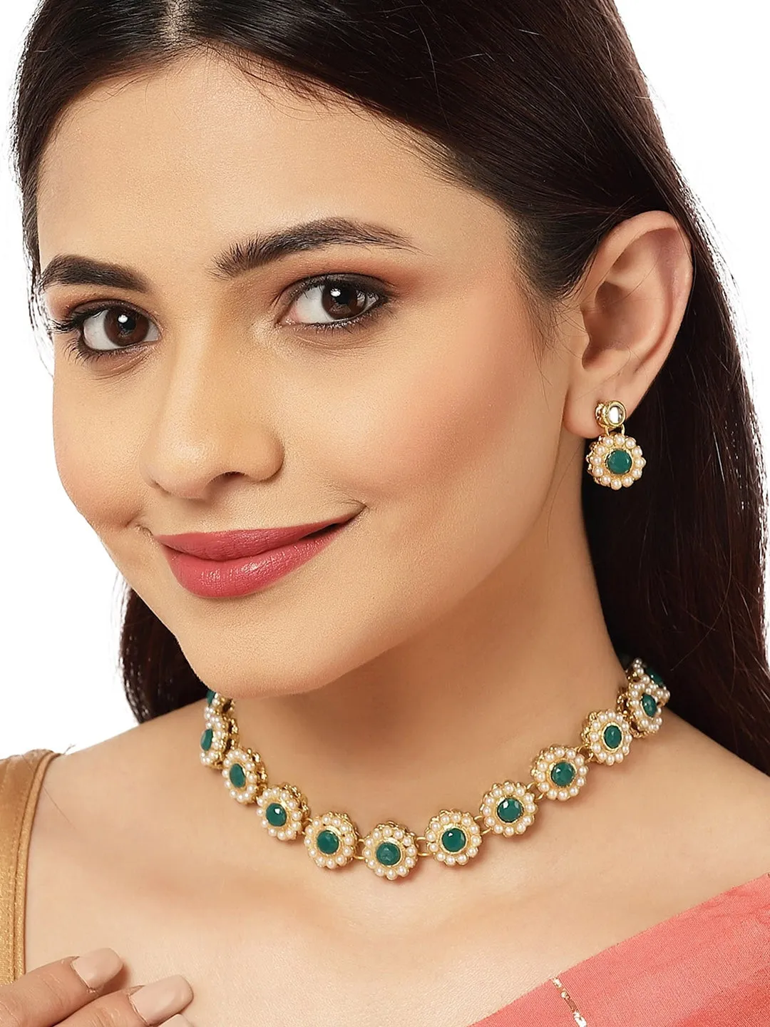 Gold-Plated Green & White Kundan-Studded & Pearl Beaded Handcrafted Jewellery Set