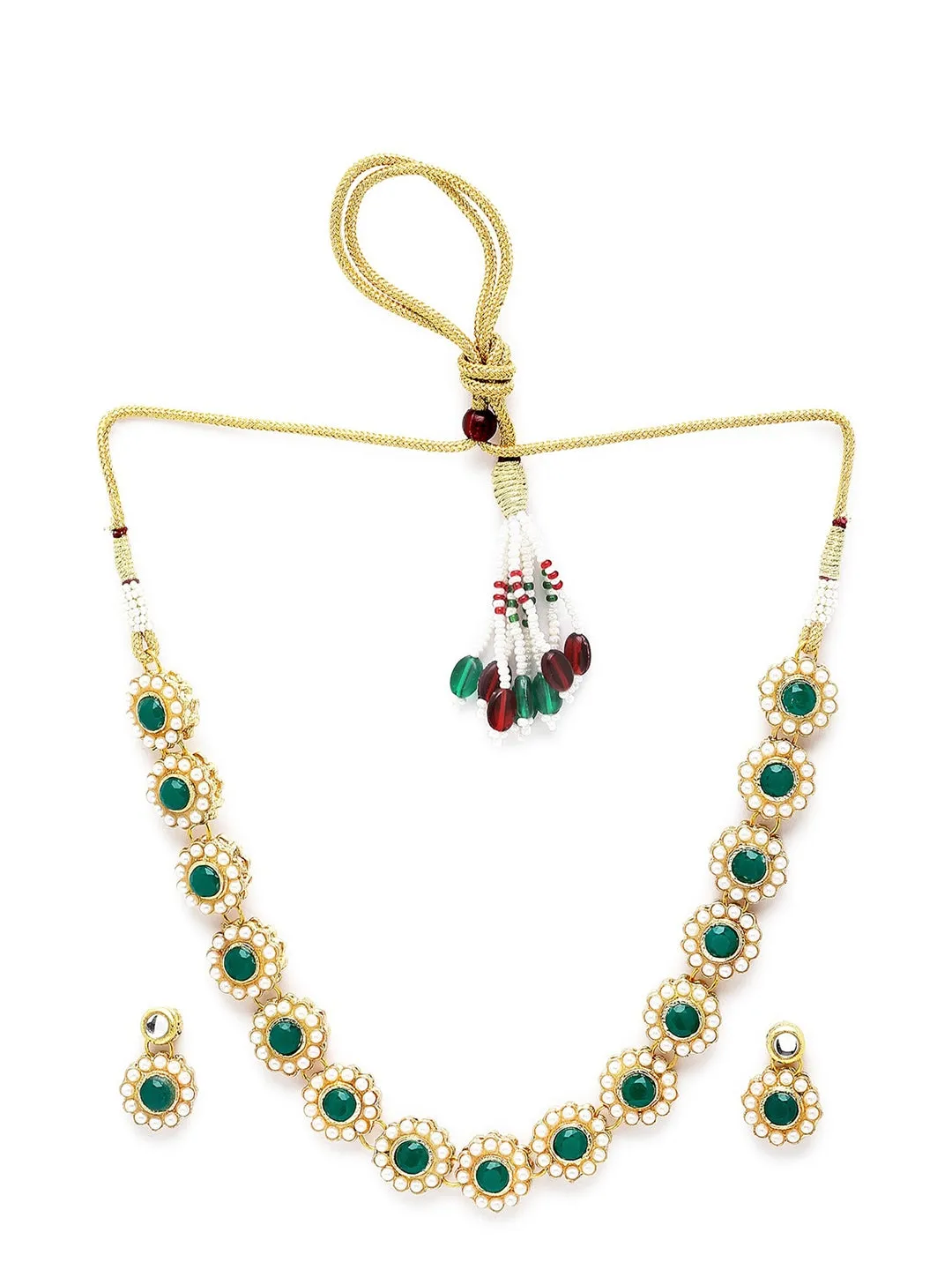 Gold-Plated Green & White Kundan-Studded & Pearl Beaded Handcrafted Jewellery Set