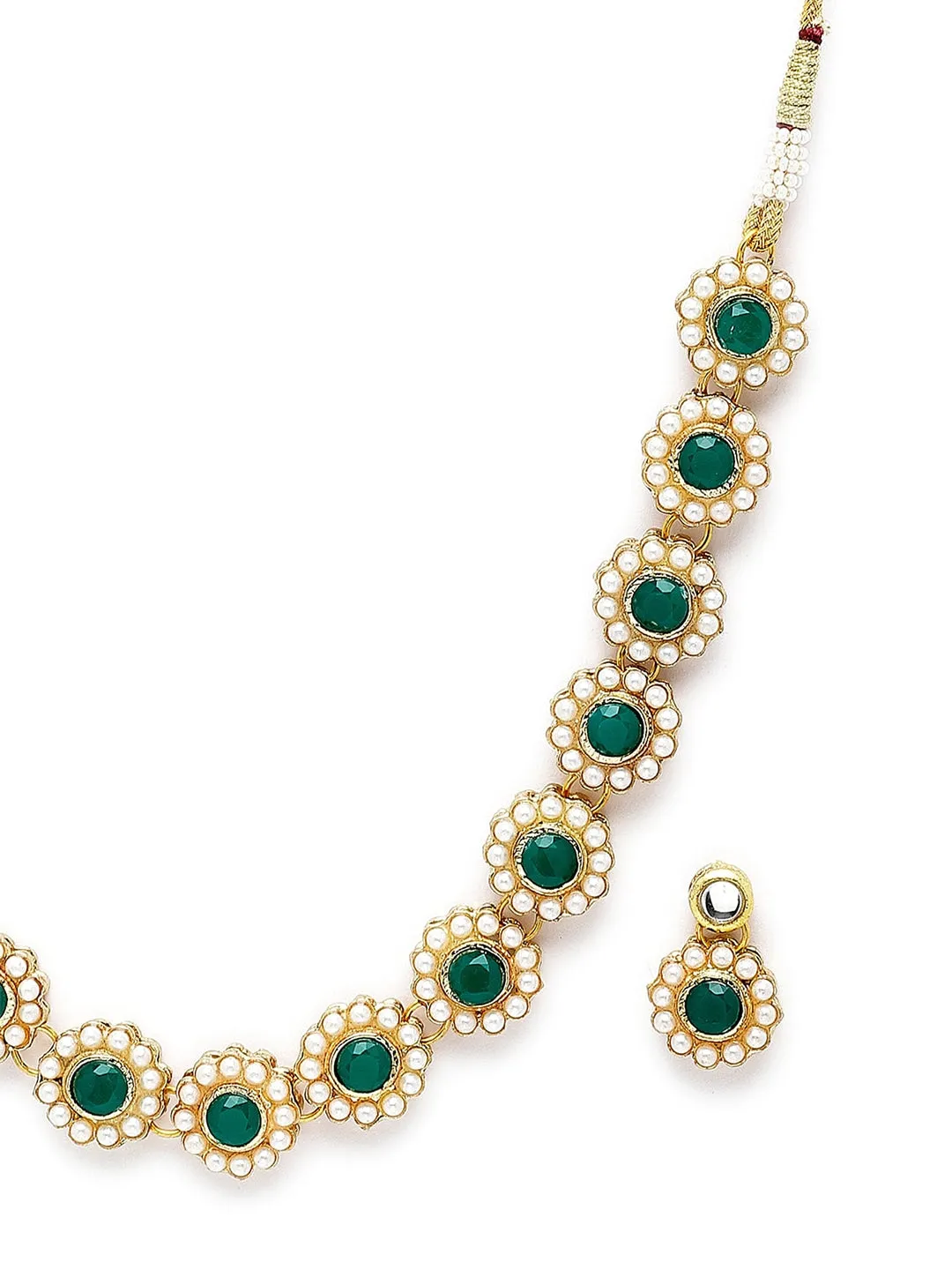 Gold-Plated Green & White Kundan-Studded & Pearl Beaded Handcrafted Jewellery Set