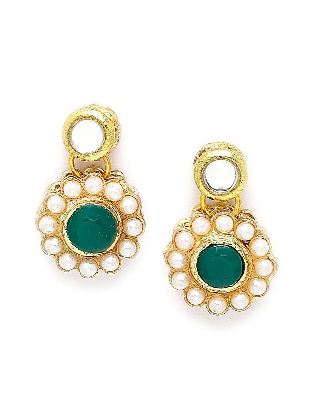 Gold-Plated Green & White Kundan-Studded & Pearl Beaded Handcrafted Jewellery Set