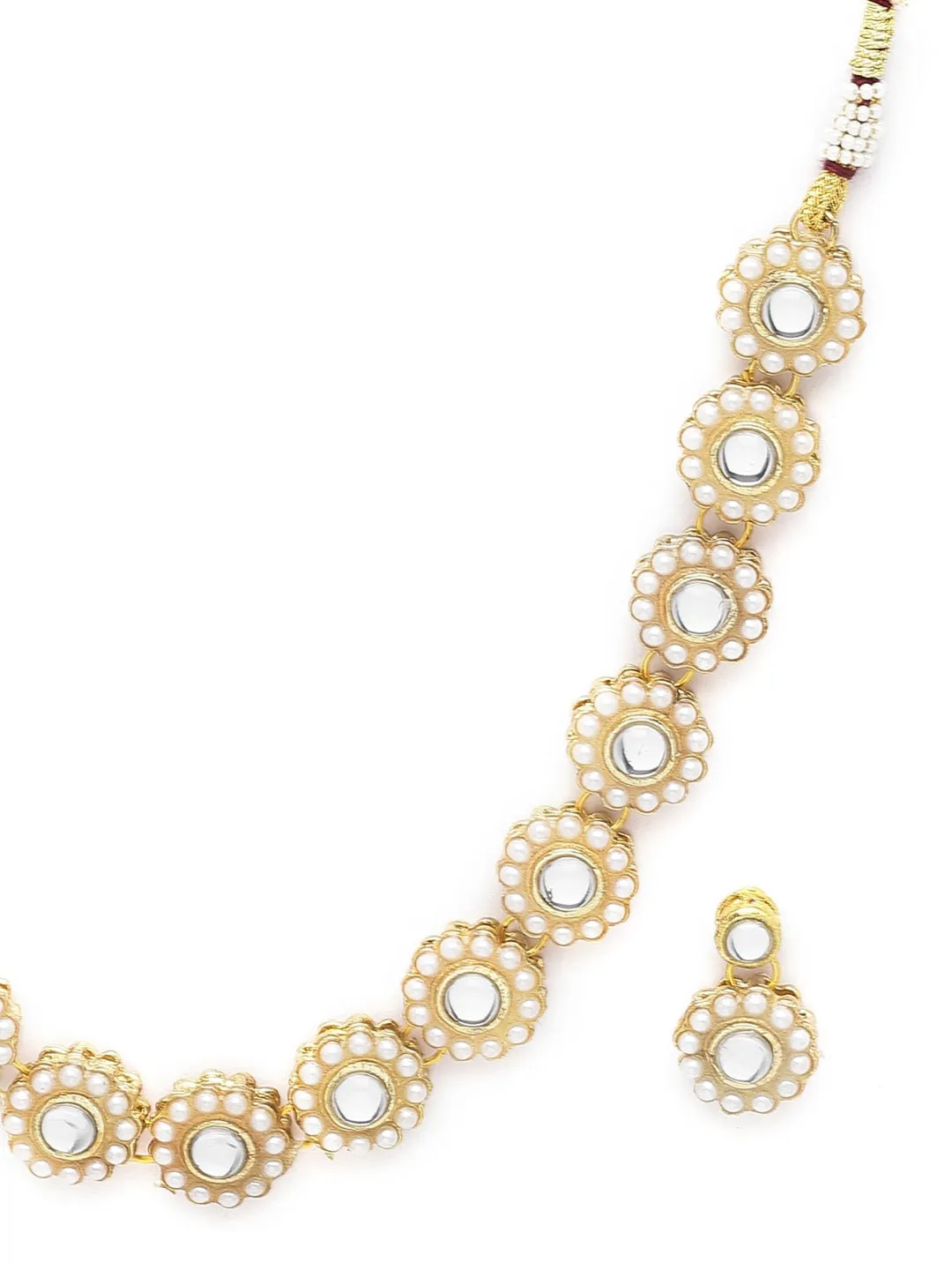 Gold-Plated White Kundan-Studded Beaded Jewellery Set