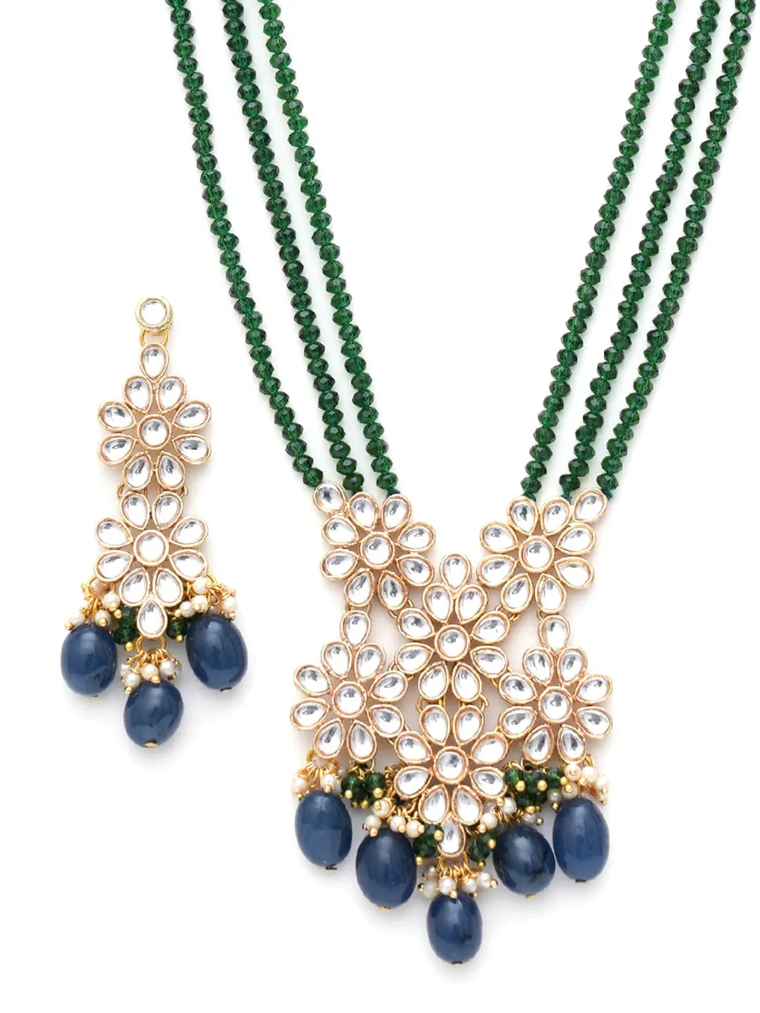 Gold-Plated White Kundan-Studded Beaded Jewellery Set