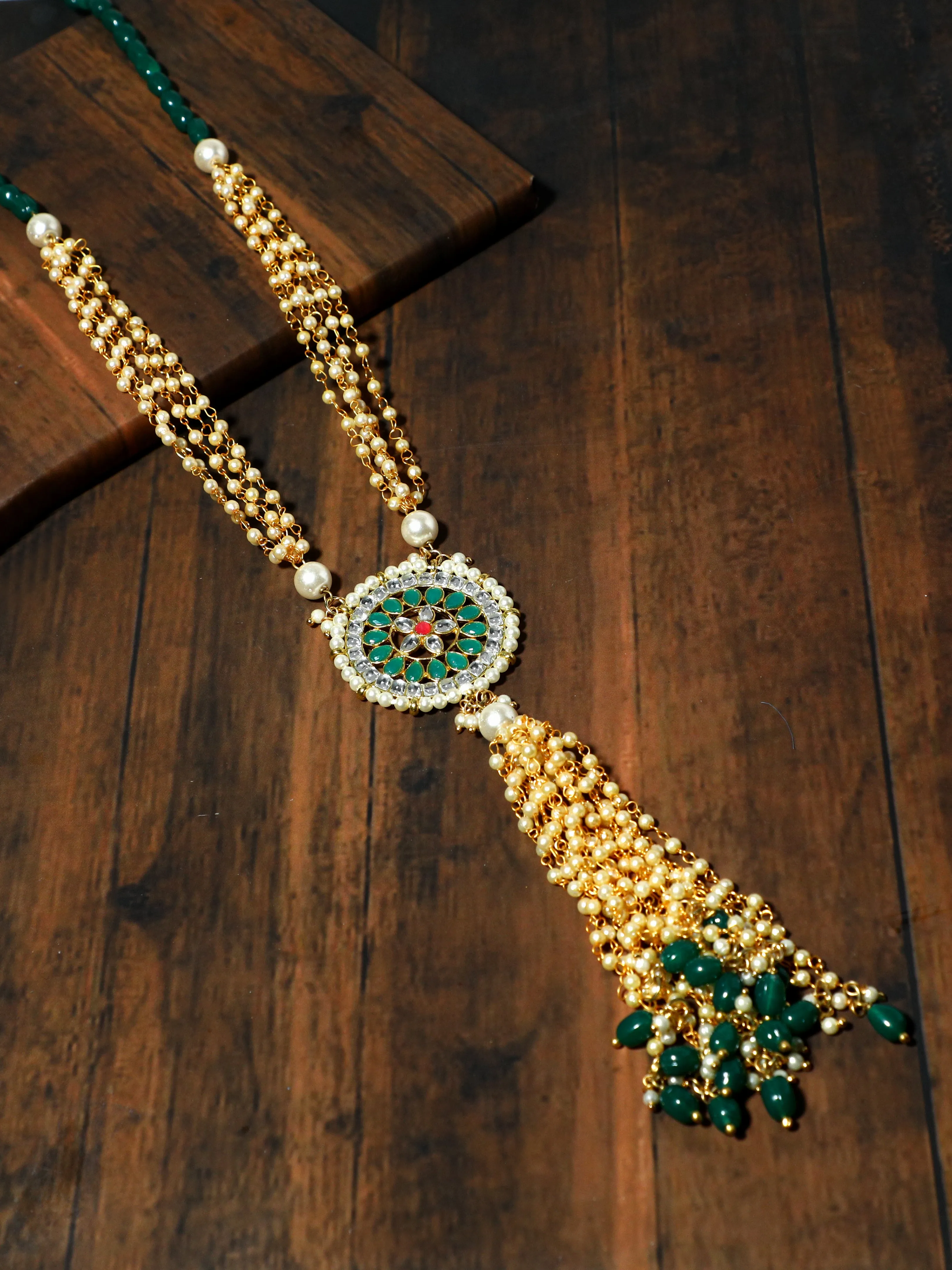 Green Stones Studded Rani Haar with Tassel Beads