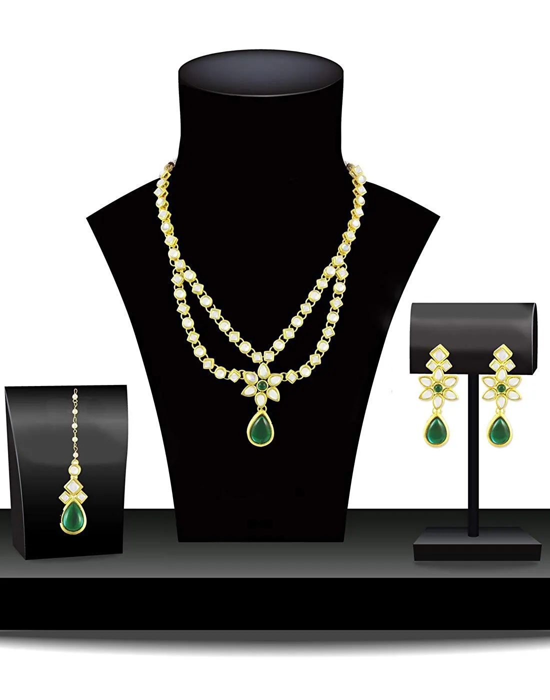 Karatcart 22K GoldPlated Kundan Layered Green Drop Ethnic Necklace Set for Women
