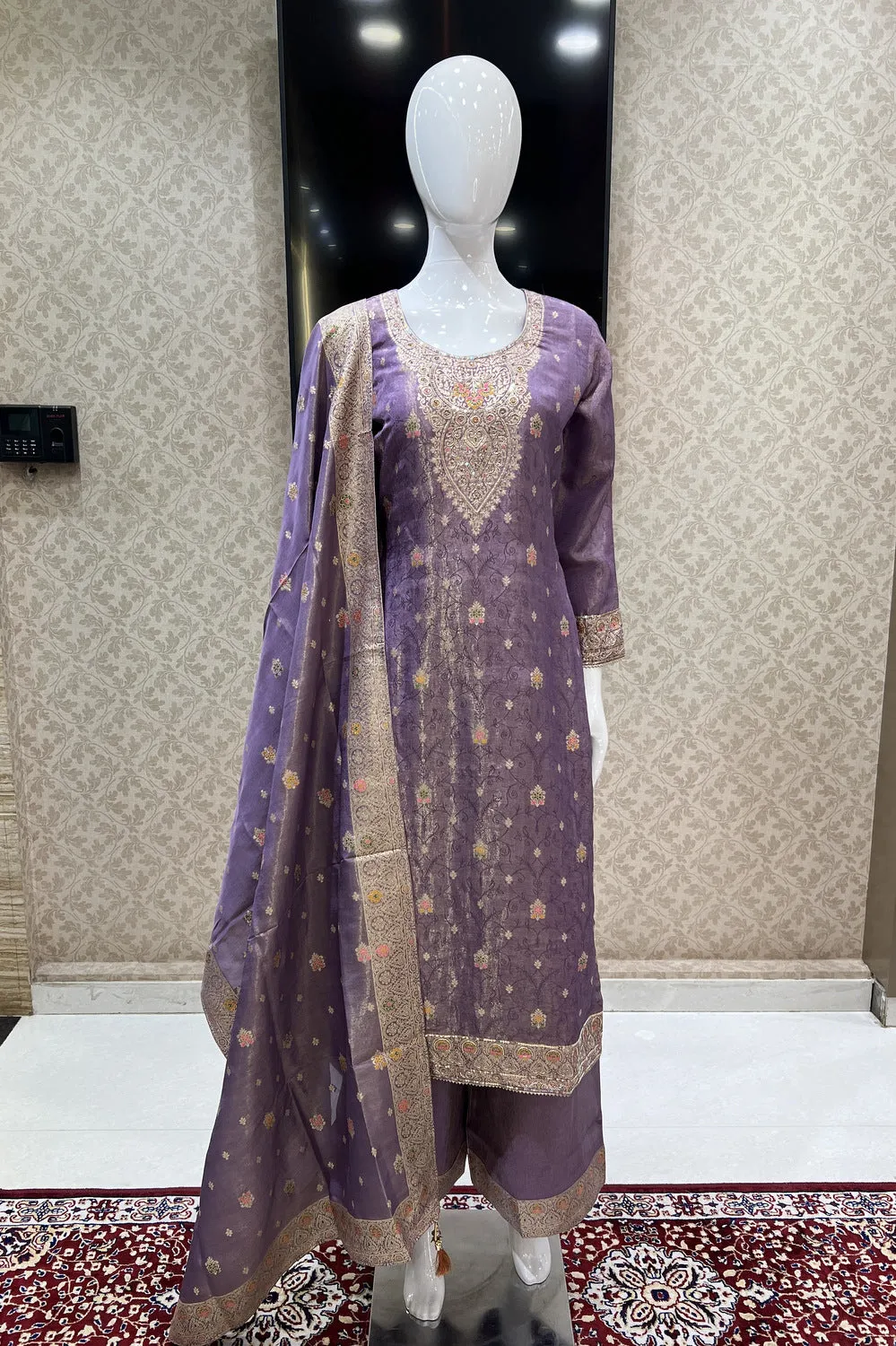 Lavender Banaras, Sequins and Multicolor Thread work Salwar Suit with Palazzo Pants
