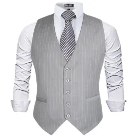 Men's Pinstripe Business Suit Vest Formal Dress Tuxedo Waistcoat, 188-Light Gray Striped