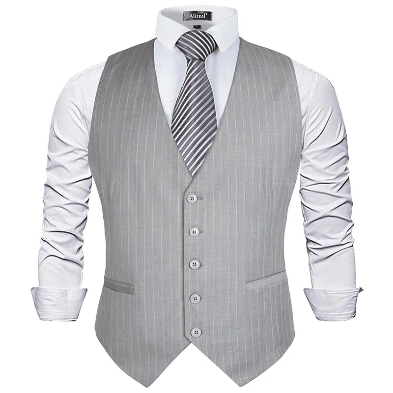 Men's Pinstripe Business Suit Vest Formal Dress Tuxedo Waistcoat, 188-Light Gray Striped