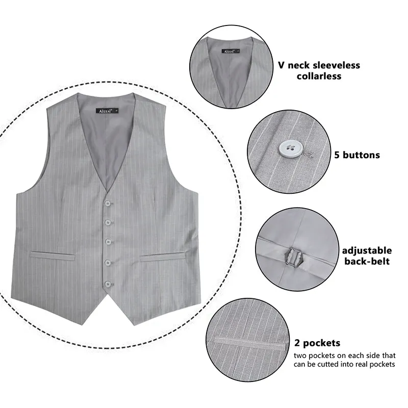 Men's Pinstripe Business Suit Vest Formal Dress Tuxedo Waistcoat, 188-Light Gray Striped