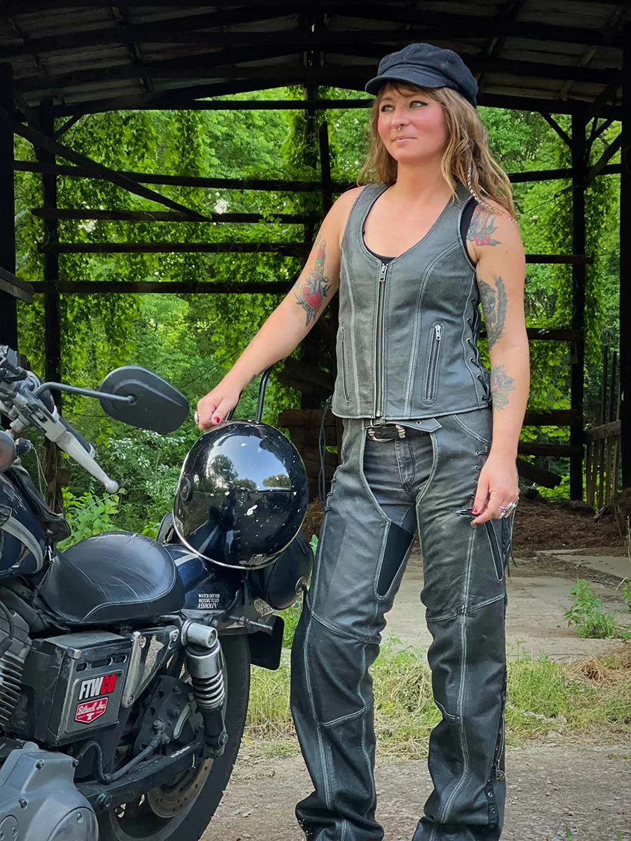 Milwaukee Leather Chaps for Women Distress Grey Premium Skin- Accent
