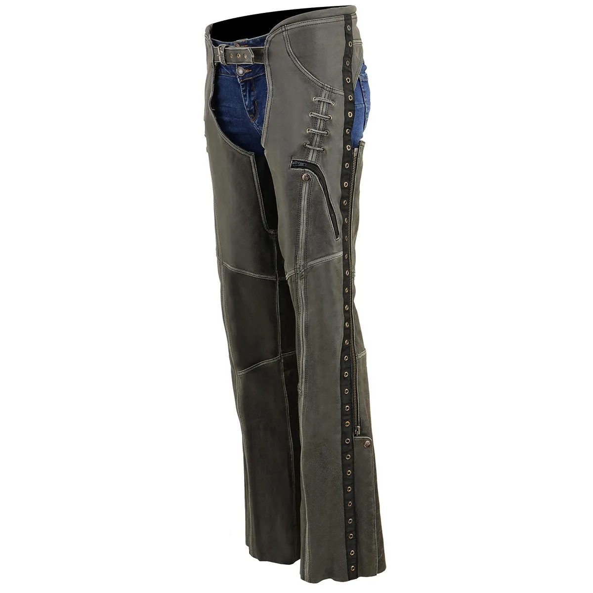 Milwaukee Leather Chaps for Women Distress Grey Premium Skin- Accent