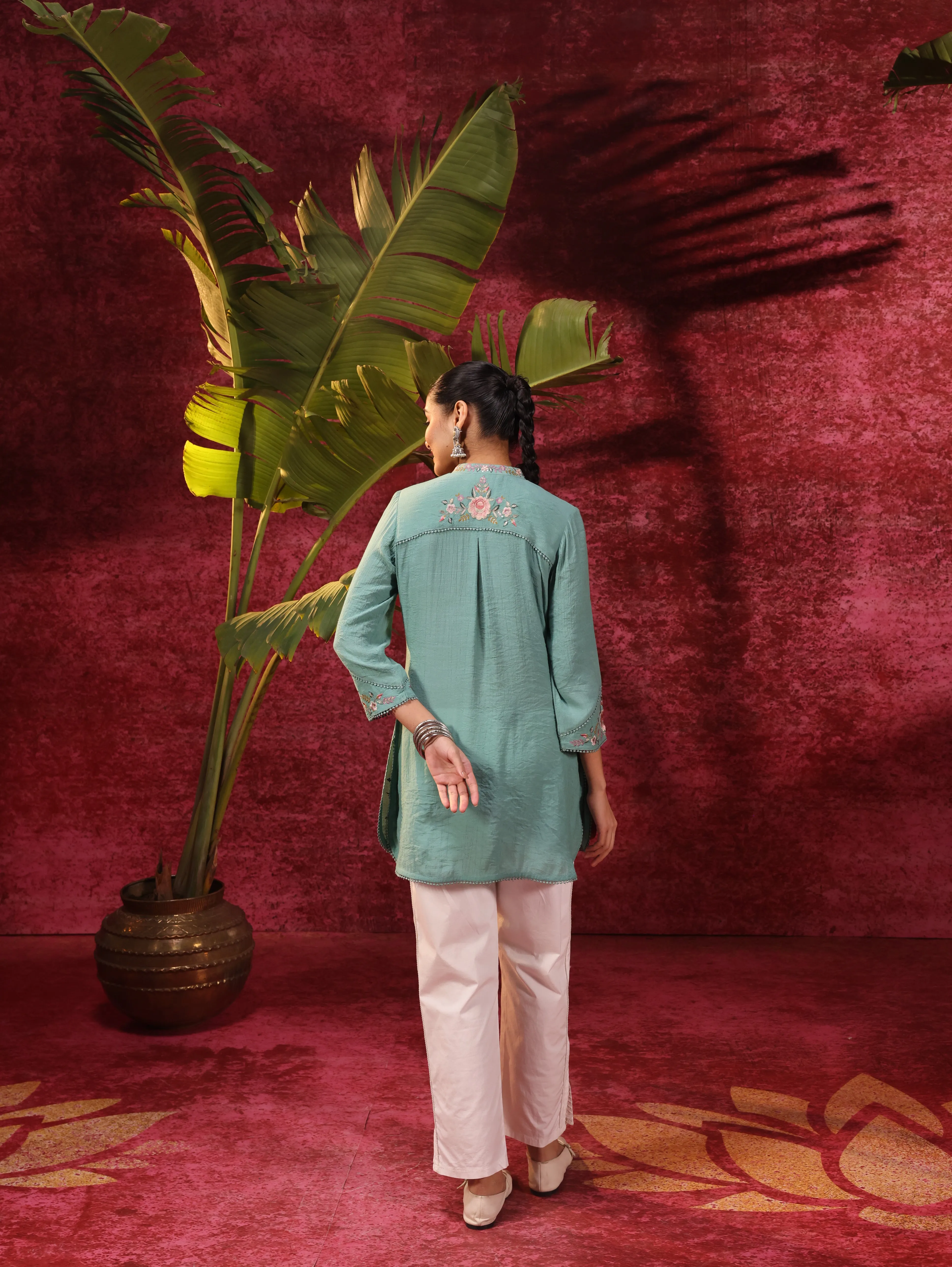 Mogra Turkish Green Crinkled Crepe Embroidered Shirt for Women