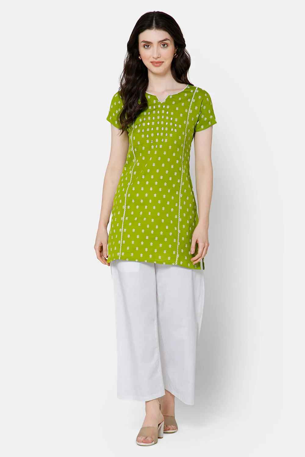 Mythri Women's Casual Tops with Minimalistic Mirror Embroidery With Lace At  The Neckline And Princess Line - Green - E013