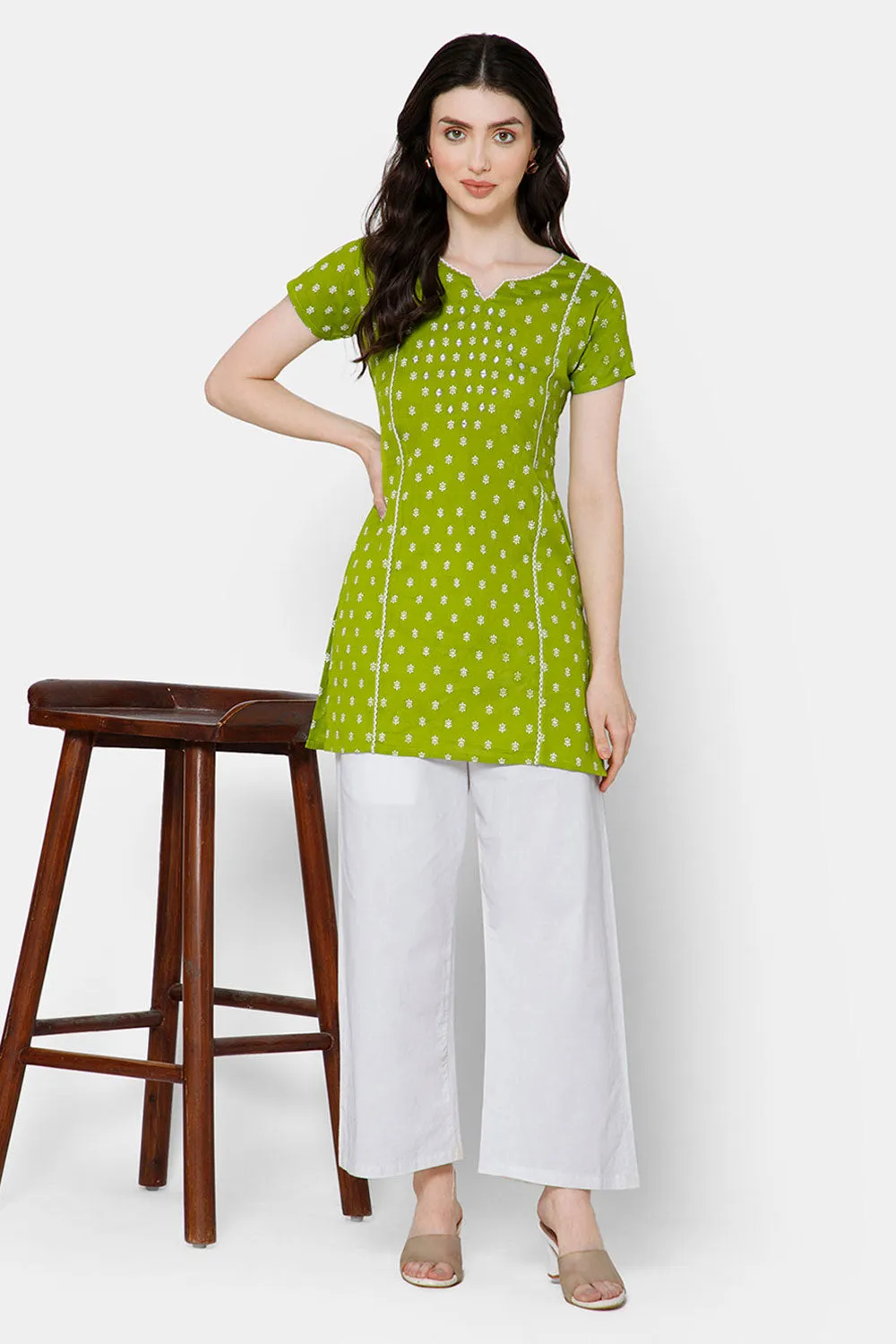 Mythri Women's Casual Tops with Minimalistic Mirror Embroidery With Lace At  The Neckline And Princess Line - Green - E013