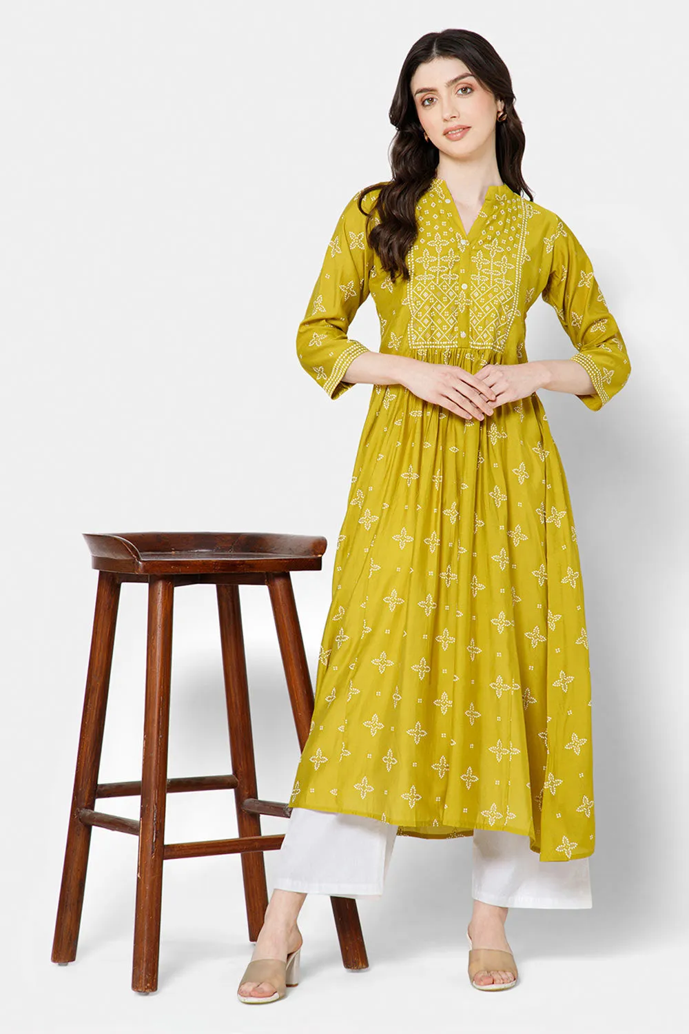 Mythri Women's Ethnic wear with Bandhini Printed Anarkali - Green - E099
