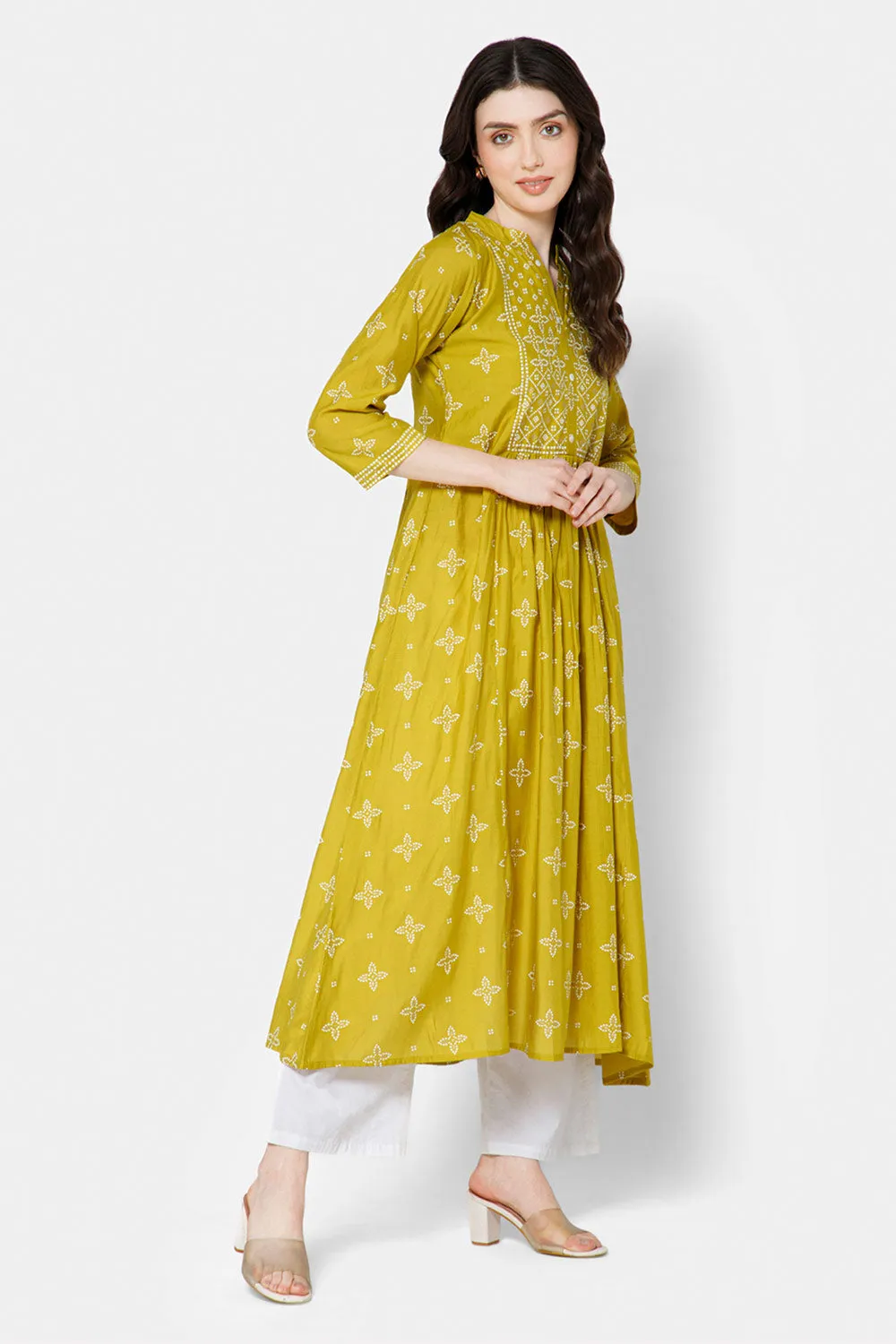 Mythri Women's Ethnic wear with Bandhini Printed Anarkali - Green - E099