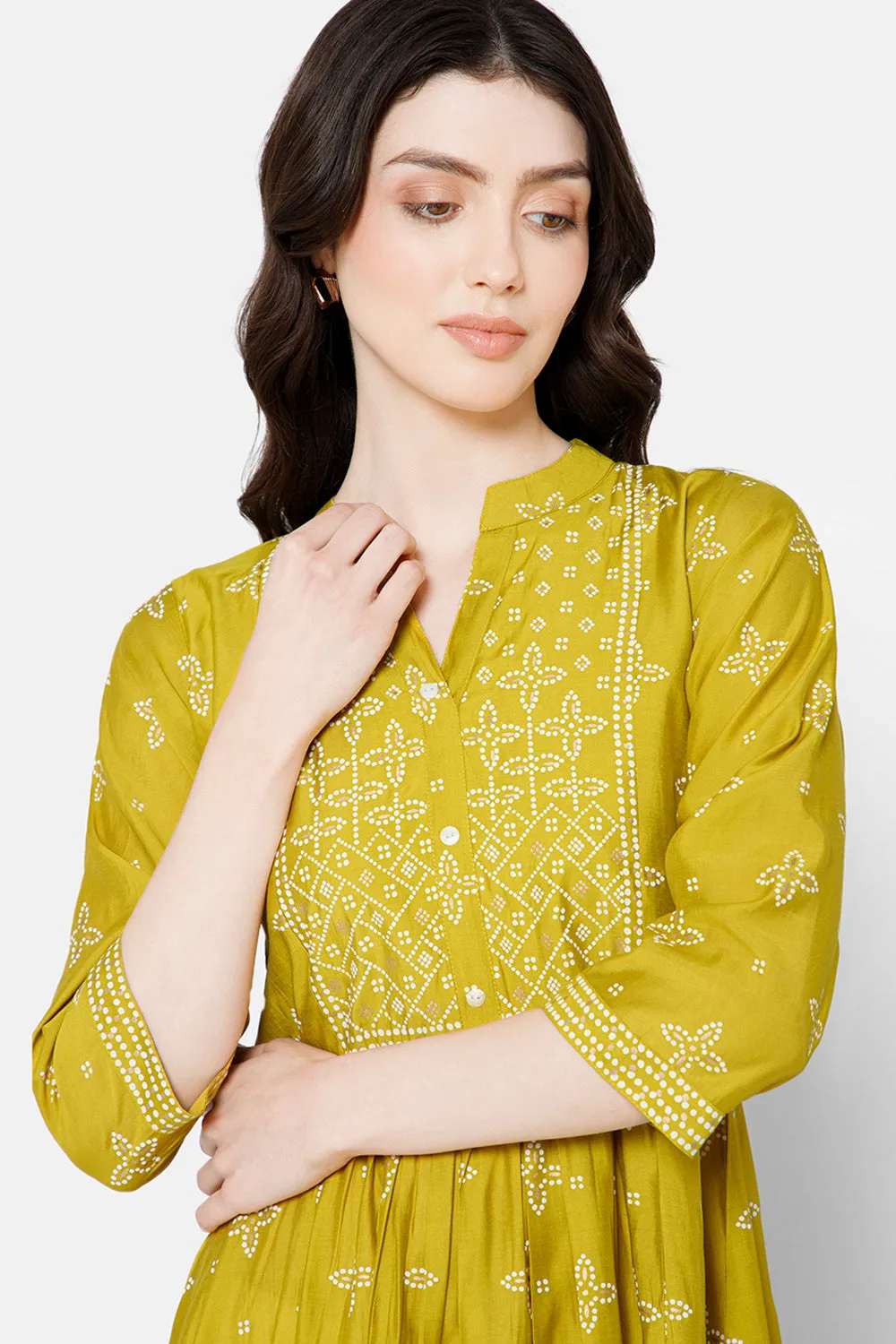Mythri Women's Ethnic wear with Bandhini Printed Anarkali - Green - E099