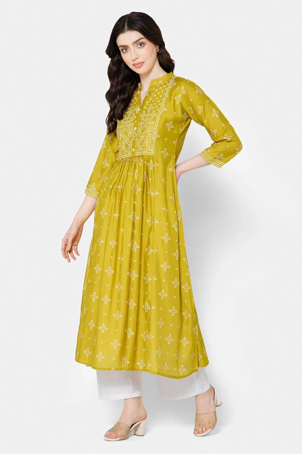 Mythri Women's Ethnic wear with Bandhini Printed Anarkali - Green - E099