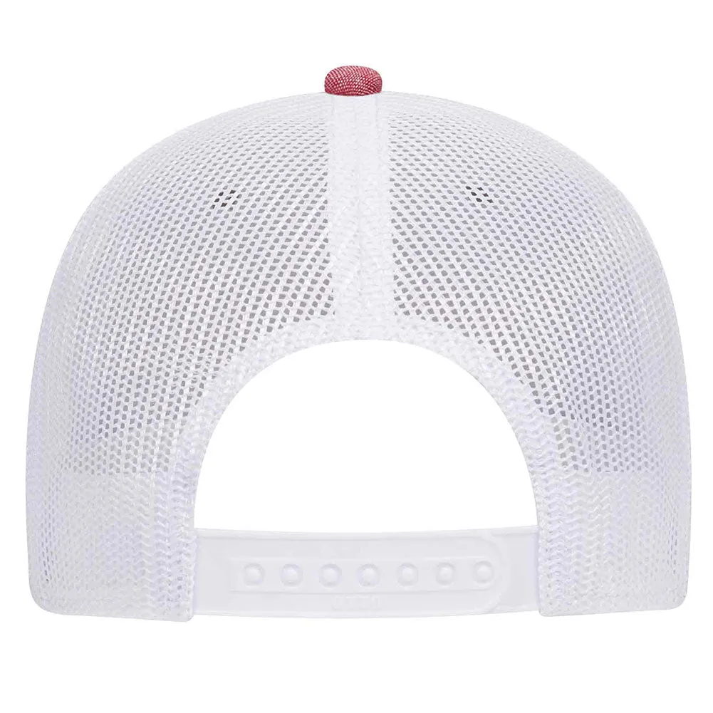 NASA Letter Leatherette Patch Cotton Blend Chambray 6 Panel Low Profile Mesh Back Trucker Hat - For Men and Women