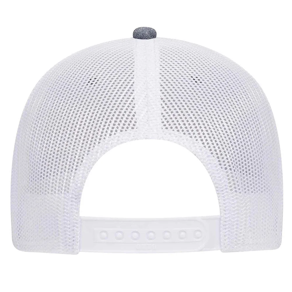 NASA Letter Leatherette Patch Cotton Blend Chambray 6 Panel Low Profile Mesh Back Trucker Hat - For Men and Women