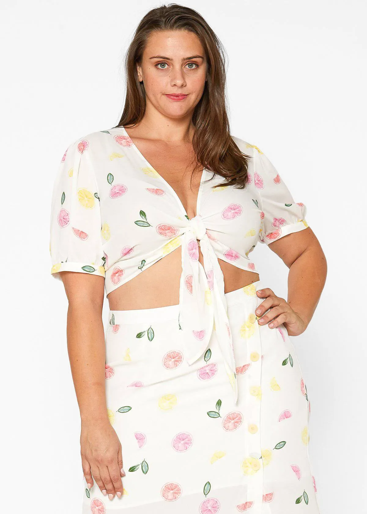 Plus Size Tie Hem Open Front Blouse in Fruit Punch