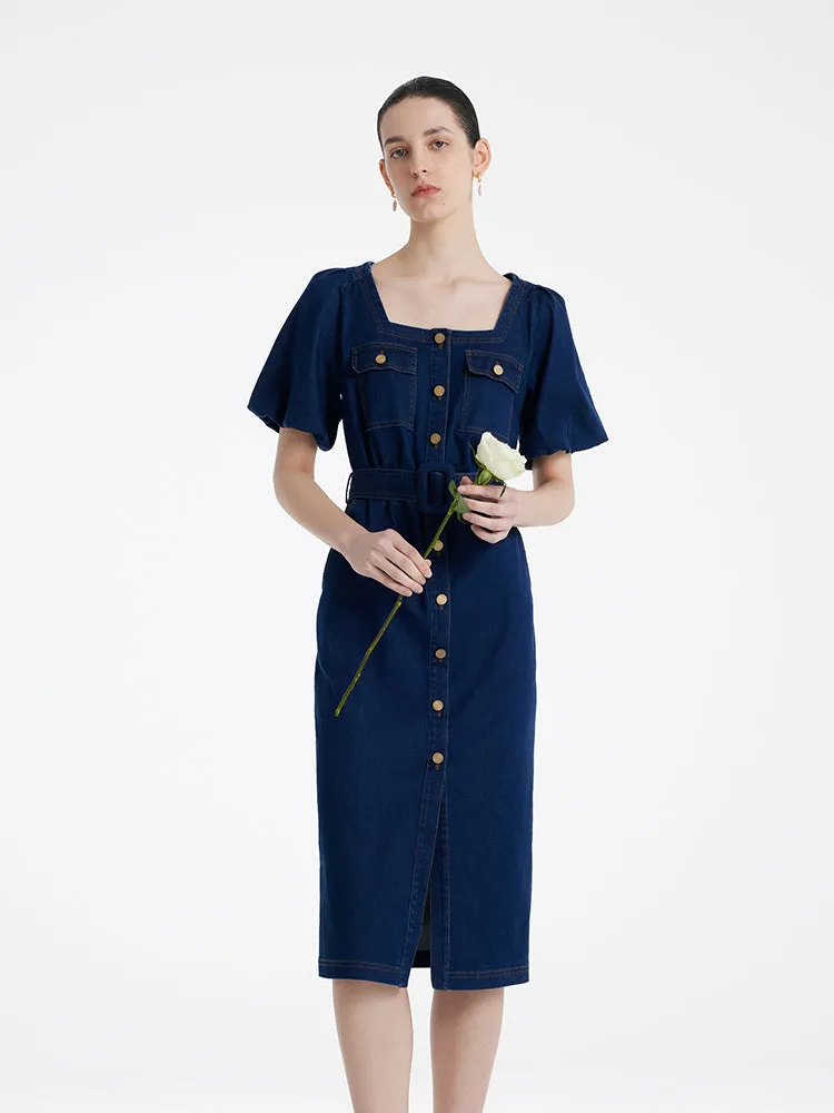 Puff Sleeves Square Neck Denim Women Midi Dress With Belt