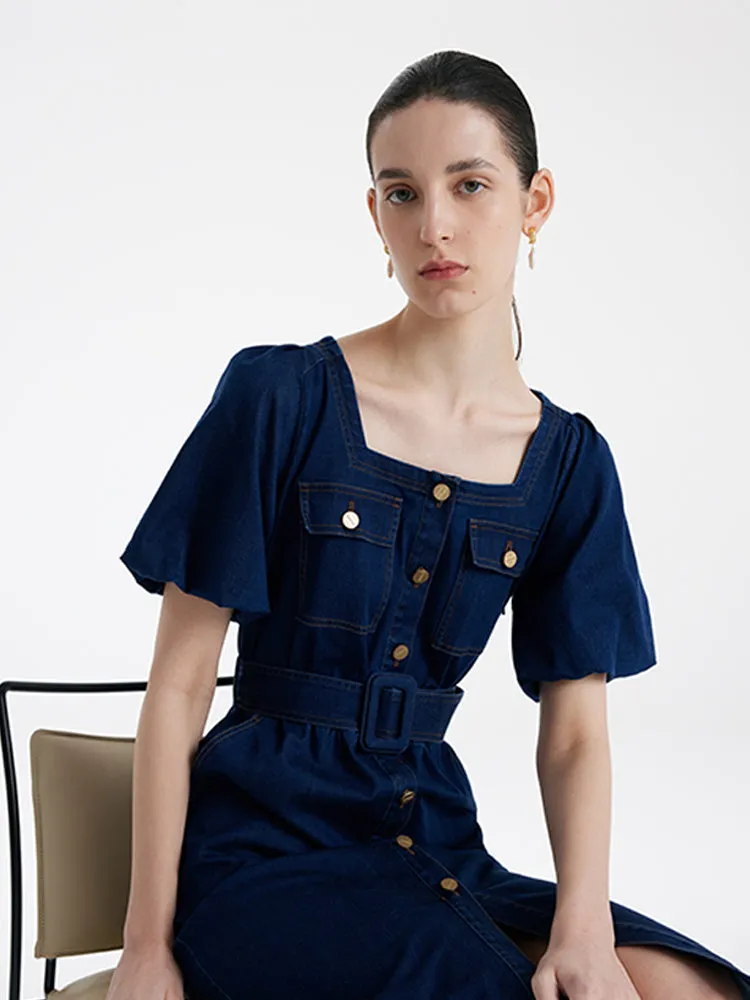 Puff Sleeves Square Neck Denim Women Midi Dress With Belt