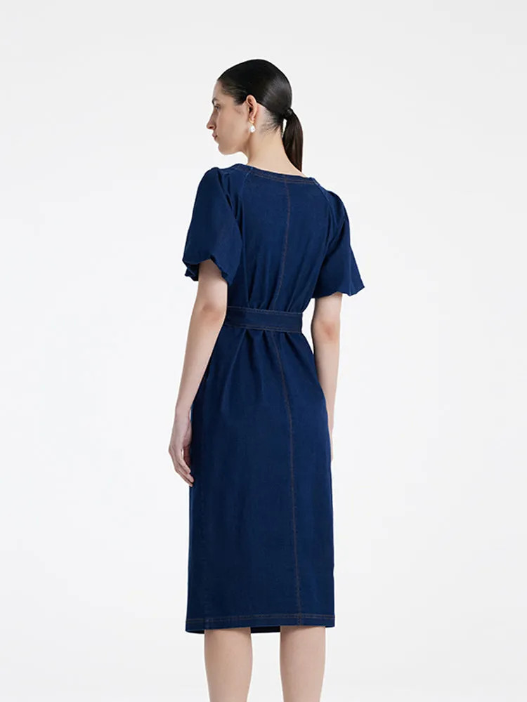 Puff Sleeves Square Neck Denim Women Midi Dress With Belt