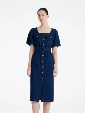 Puff Sleeves Square Neck Denim Women Midi Dress With Belt