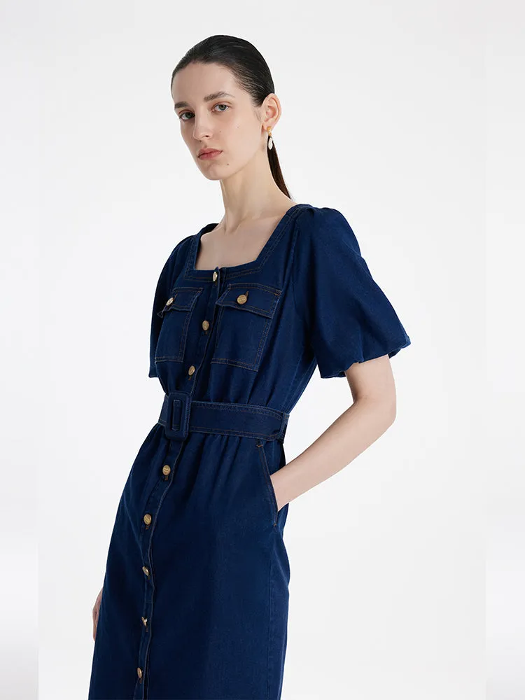 Puff Sleeves Square Neck Denim Women Midi Dress With Belt