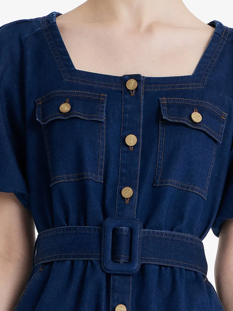 Puff Sleeves Square Neck Denim Women Midi Dress With Belt