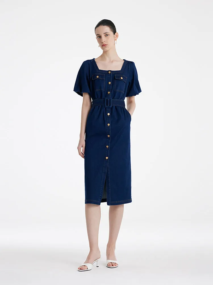 Puff Sleeves Square Neck Denim Women Midi Dress With Belt