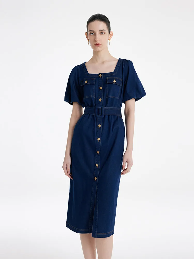 Puff Sleeves Square Neck Denim Women Midi Dress With Belt